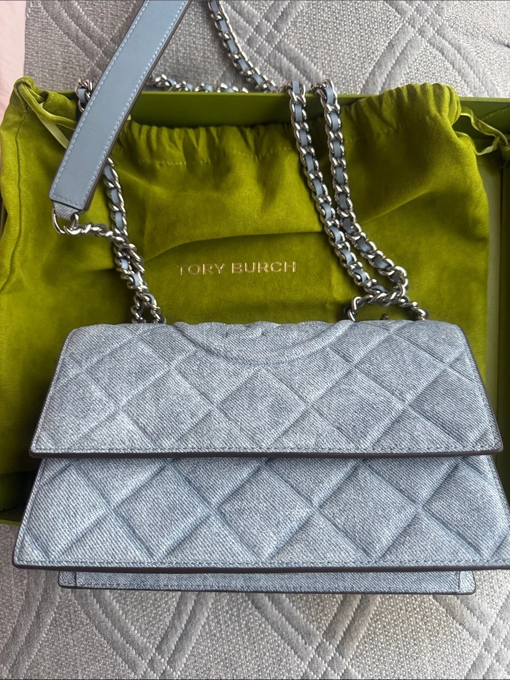 Tory Burch Quilted Light Blue Denim Shoulder Bag